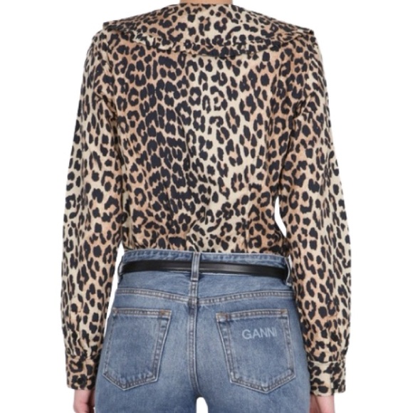NWT GANNI Ruffled Collar Leopard Print Cotton Poplin Long Sleeve Top - Sz 6 - Picture 2 of 13